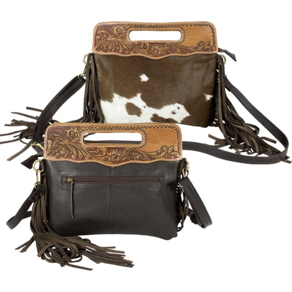 Leather Hand-Tooled Hair-on Fringe Bag with with Free Gift, Bifold Black Wallet - Picture 2 of 11